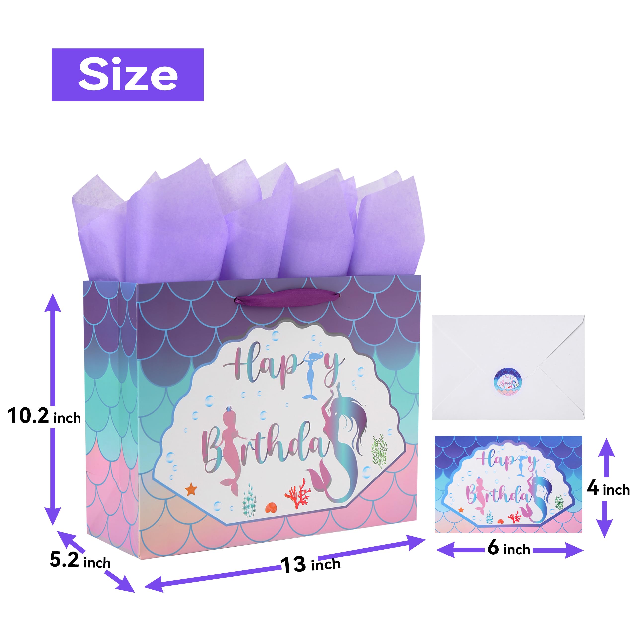 13" Large Purple Gift Bag Set with Greeting Card and Lavender Tissue Papers (Mermaid Design) for Girls' Birthday Party, Women's Birthday Parties, Baby Shower, Baby Girl - 13”x5.2”x10.2”, 1 Pcs.