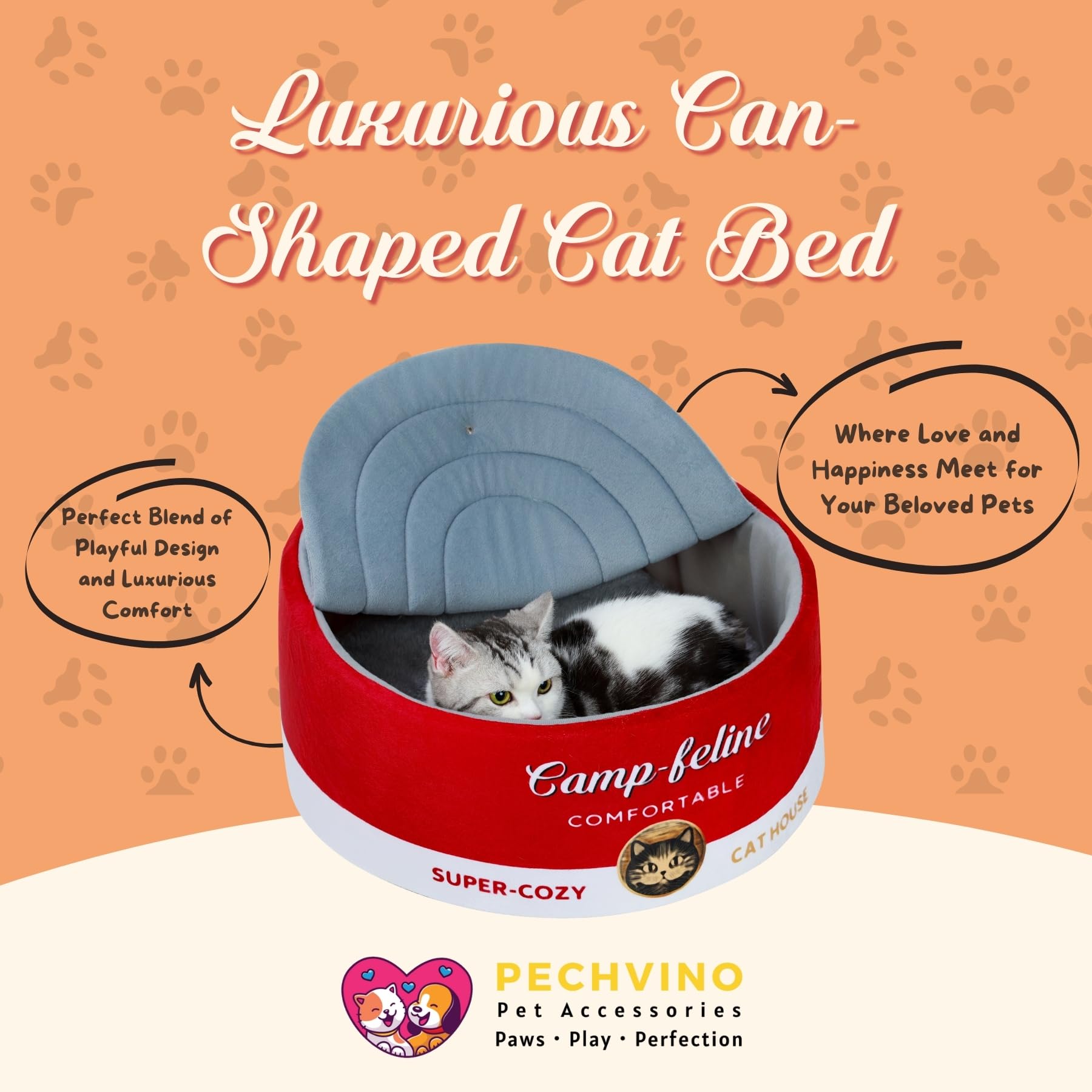 PECHVINO Can-Shaped Cat Bed – Ramen Bowl Cat Bed with Cover | Cute Enclosed Cat Bed with Ultra-Soft Cushion, Private & Cozy Design for Cats & Small Dogs