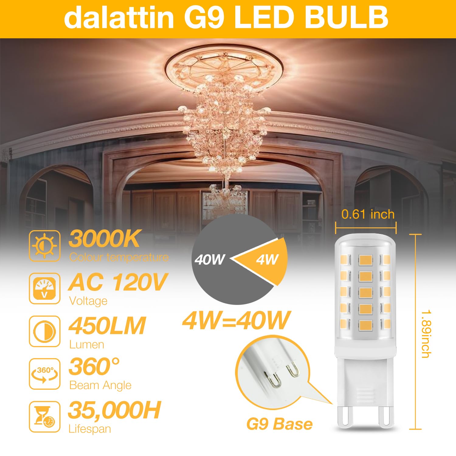 dalattin G9 LED Bulb 12 Pack 4W Equivalent 40 Watt,3000K Soft Warm White,Replacement T4 G9 Halogen Bulbs,450LM, Non-Dimmable, Energy Saving Lights for Chandelier Type G9 T4 Bi-pin Base