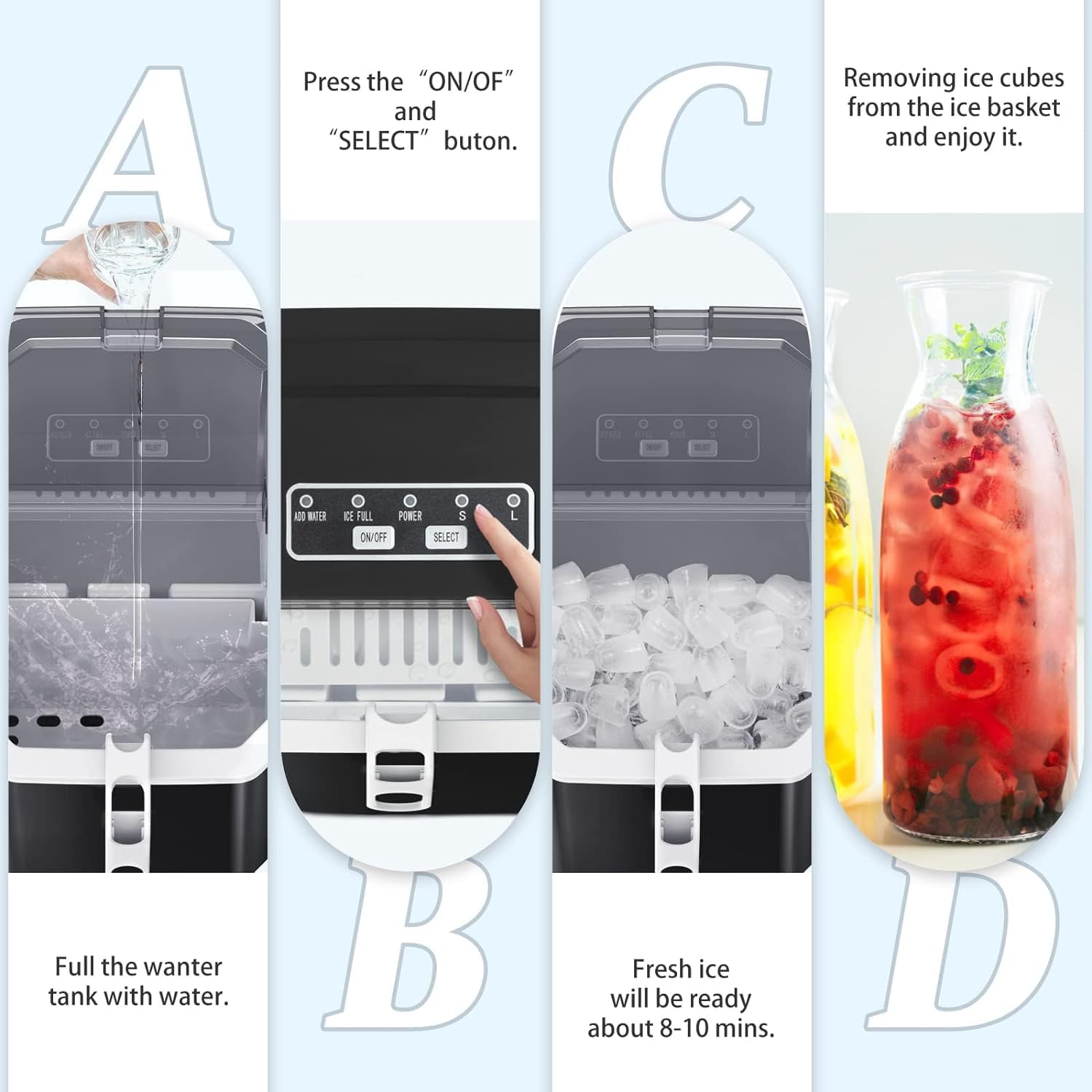 ZAFRO Countertop Ice Maker,Portable Ice Machine with Carry Handle,Self-Cleaning,Basket and Scoop,9 Cubes in 6 Mins,26lbs/24Hrs,2 Sizes of Bullet Ice,for Home,Kitchen,Party,Black