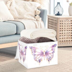 DALAWU Containers Baskets with Lids Purple Butterfly Fabric Foldable Storage Bins Organizer with Lid Collapsible Storage Boxes for Home Bedroom Closet Office