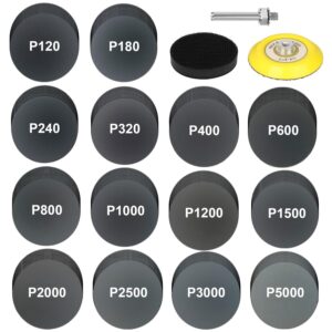 140pcs 3 inch wet dry sanding discs, assorted 120 to 5000 grit silicon carbide hook & loop sandpaper with 1/4" shank sanding pads and foam buffering pad for wood metal car polishing & finishing