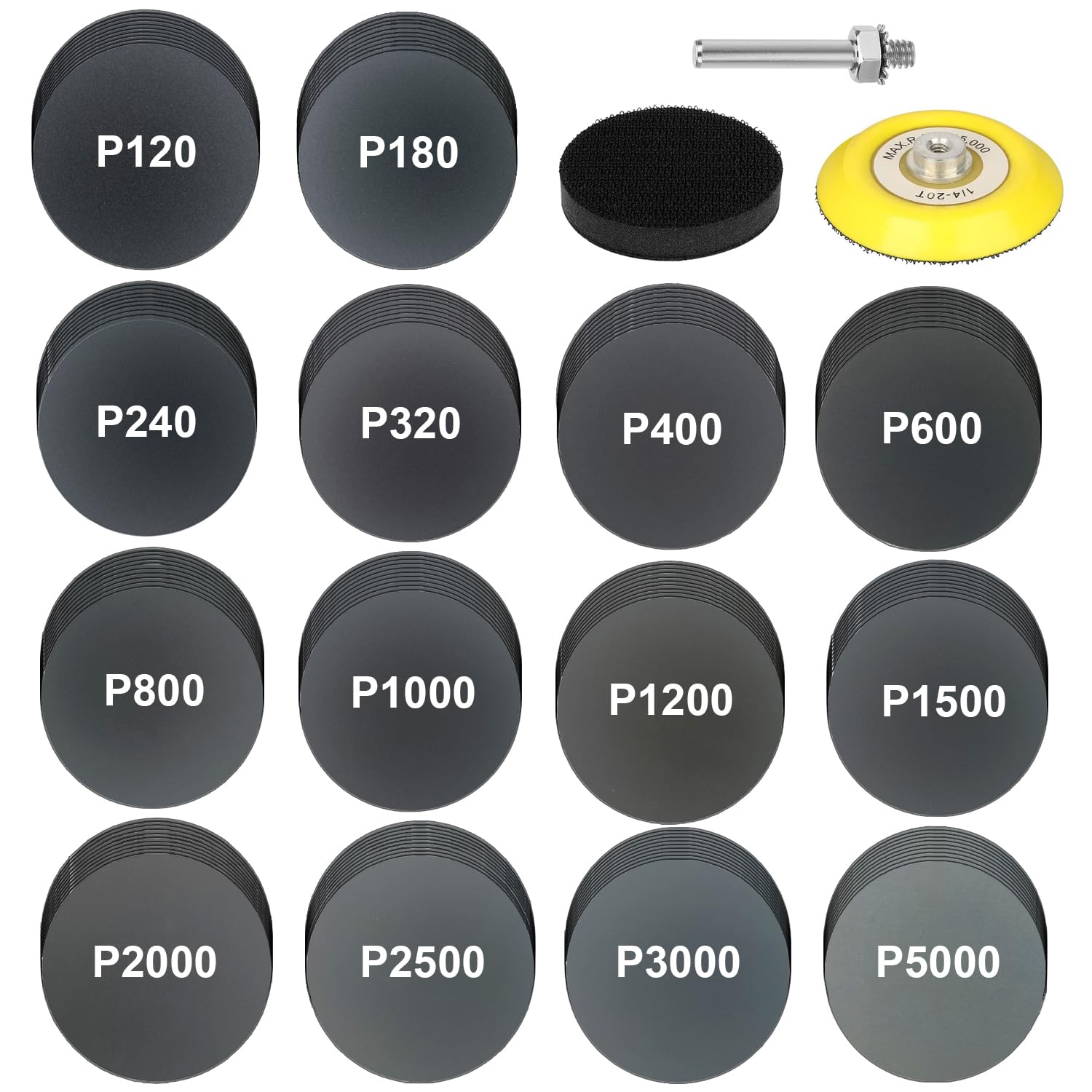 140Pcs 3 Inch Wet Dry Sanding Discs, Assorted 120 to 5000 Grit Silicon Carbide Hook & Loop Sandpaper with 1/4" Shank Sanding Pads and Foam Buffering Pad for Wood Metal Car Polishing & Finishing