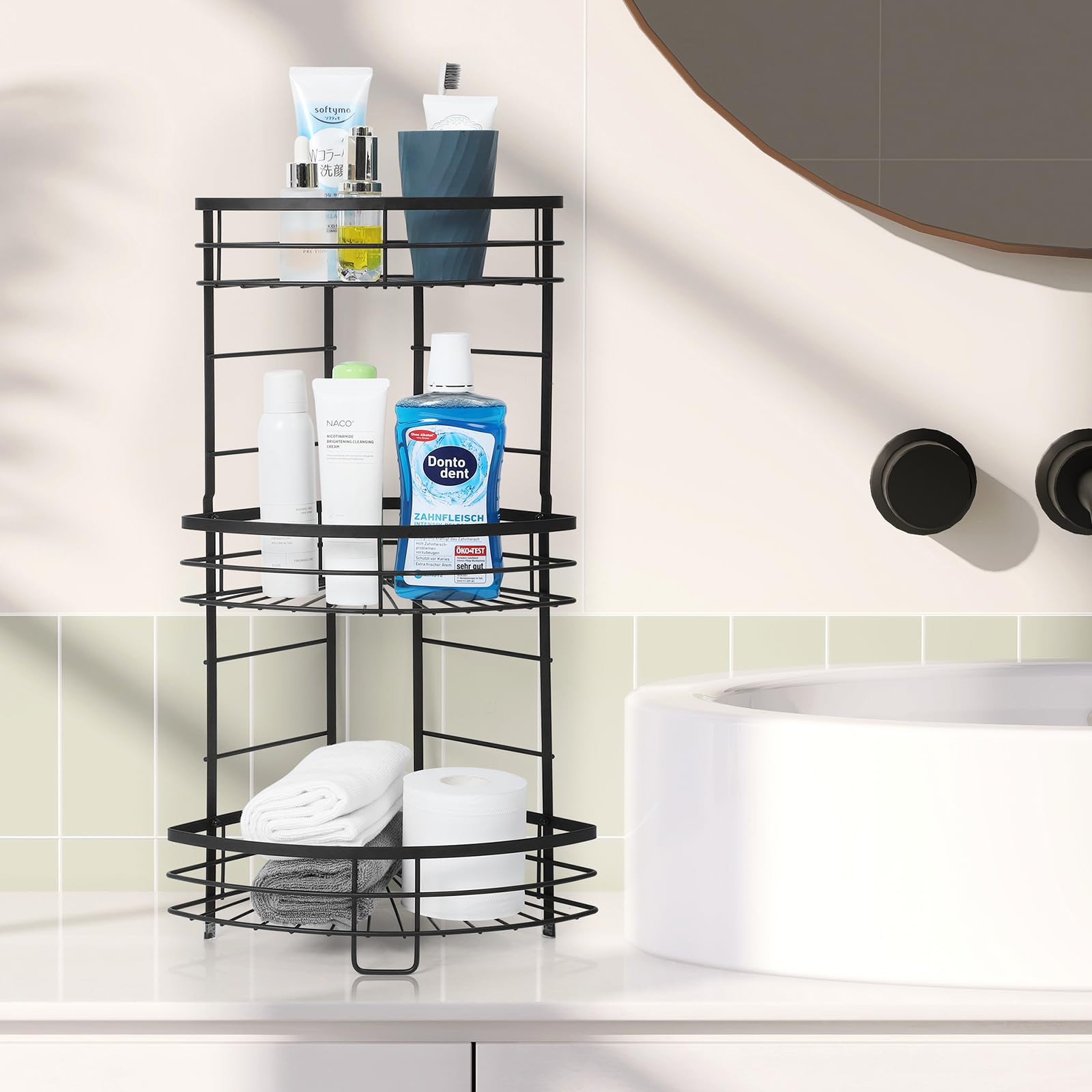 FAGIGY Corner Shower Caddy,3 Tier Shower Organizer Stand,Metal Corner Shelf Baskets for Bathroom,Living Room,Kitchen,Rustproof - Black