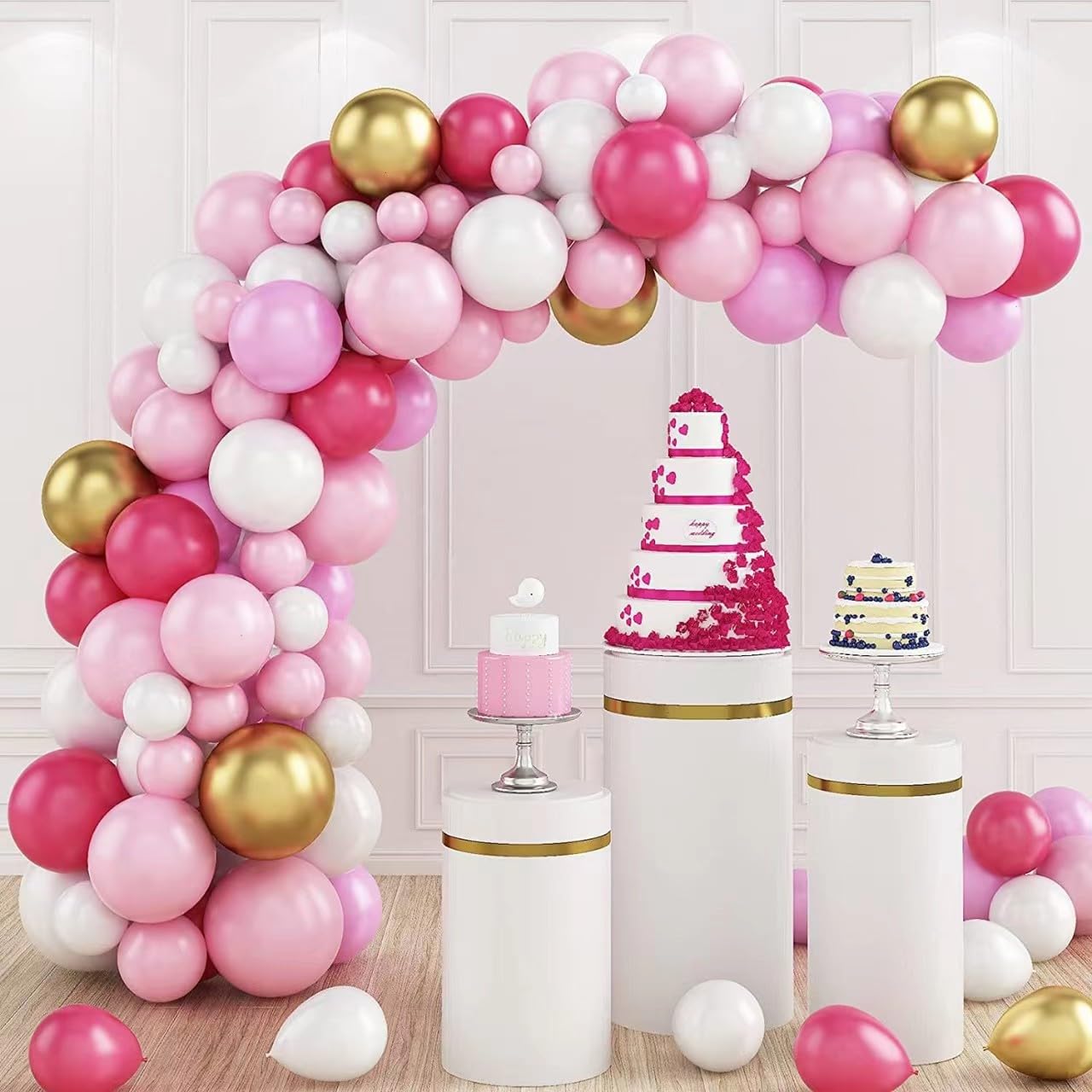 Pink Balloons Arch Kit Garland,103pcs Hot Pink Metallic Gold White Balloons, Pink Balloon Arch for Birthday Wedding Bridal Girl Baby Shower Party Decorations