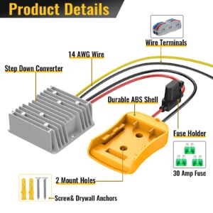 20V to 12V Step Down Converter for DeWalt 20V Power Wheels Battery Adapter, DC 12V 20A 240W Buck Converter Regulator with 30A Fuse & Wire Terminal