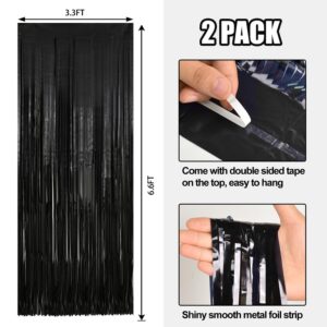 2 Pack Black Metallic Tinsel Foil Fringe Curtains Party Photo Backdrop Party Streamers for Birthday,Graduation,New Year Eve Decorations Wedding Decor