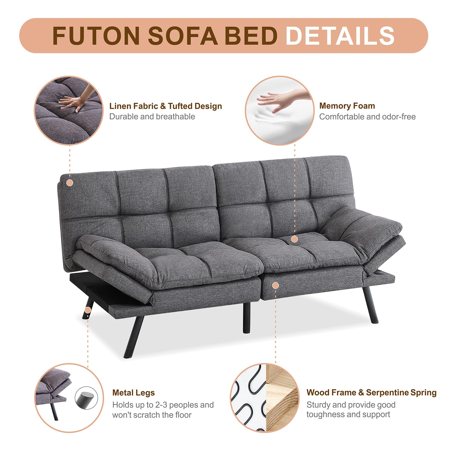 MUUEGM Futon Sofa Bed, Memory Foam Futon, Convertible Futon Couch, Sofa Bed Couch,Modern Loveseat Sofa,Comfy Sleeper Sofa for Compact Space,Apartment, Living Room,Easy Assemble,Grey