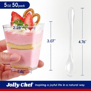 JOLLY CHEF 50 Pack 5 oz Plastic Dessert Cups with Lids & Spoons, Yogurt Parfait Appetizer Cup for Party, Clear Mini Dessert Shooter Cups for Pudding Fruit Trifle Ice Cream