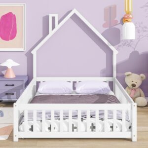 Harper & Bright Designs Kids Full Floor Bed with Rails & House-Shaped Headboard, Wooden Full Montessori Floor Bed Frame, Full Playhouse Bed for Kids Teens Girls Boys (White)