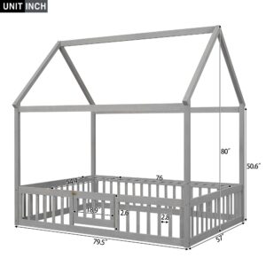 Harper & Bright Designs Grey House Bed Full Floor Bed with Fence Railings, Kids Wooden Full Size Montessori Bed Frame with Small Door for Kids, Fun Playhouse Beds, Full Size Bed Frame for Girls Boys