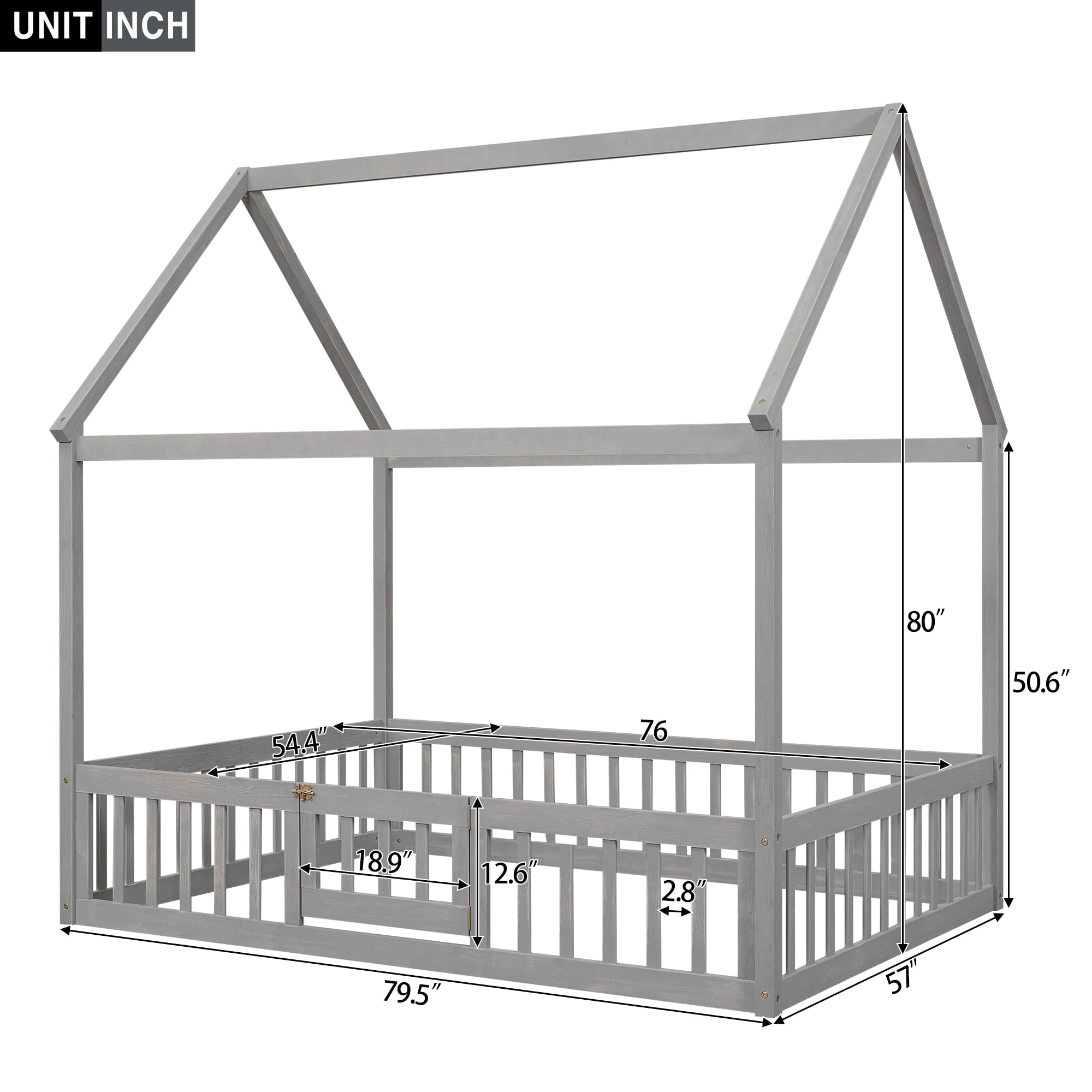 Harper & Bright Designs Grey House Bed Full Floor Bed with Fence Railings, Kids Wooden Full Size Montessori Bed Frame with Small Door for Kids, Fun Playhouse Beds, Full Size Bed Frame for Girls Boys