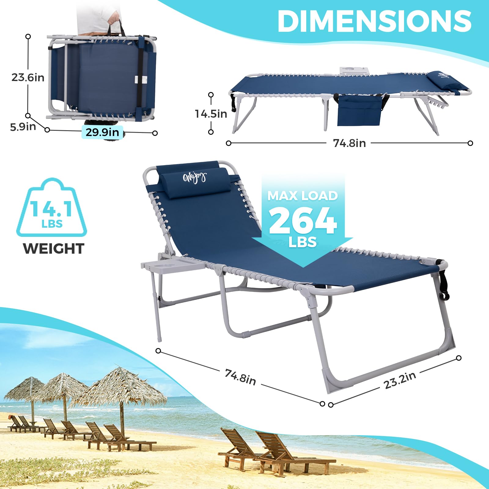 #WEJOY Folding Chaise Lounge Chair with Side Table for Outdoor 5 Positions Patio Beach Lounge Chair with Pillow & Side Pocket Heavy-Duty Lawn Reclining Chair with Shoulder Strap for Sunbathing Pool