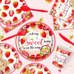 JVORFDG 169pcs Strawberry Baby Shower Deorations Berry Sweet Plates Napkins Cups Tablecloths A Berry Sweet Baby is On The Way Paper Tableware Set Strawberry Party Supplies Serves 24 Guests