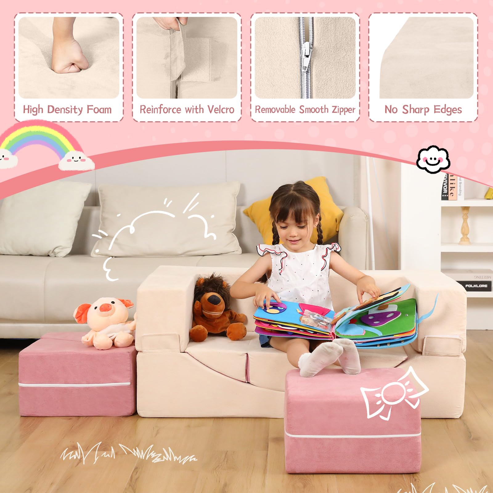 LOAOL Kids Couch Toddler Couch, Modular Kids Play Couch with Recliner, Imaginative Foam Couch Play Set for Creative Boys & Girls, Kids Couch Sofa Indoor, Kids Room Playroom Furniture, Beige & Pink