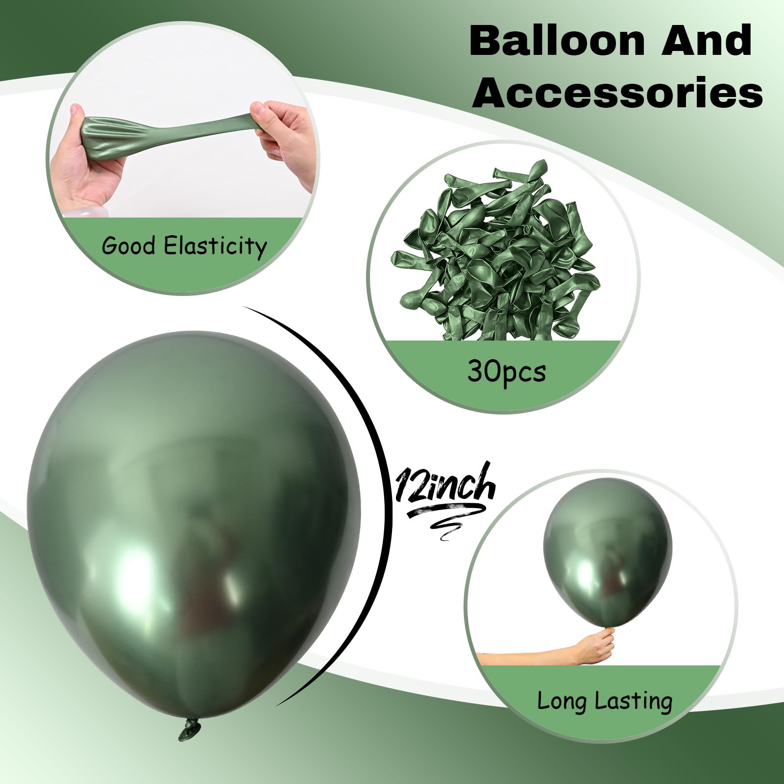 Jobkoo Metallic Green Balloons, 12Inch Chrome Dark Green Balloons 30Pcs Retro Sage Olive Green Metallic Party Balloons Hunter Green Chrome Helium Balloon for Jungle Birthday Graduation Wedding Decor