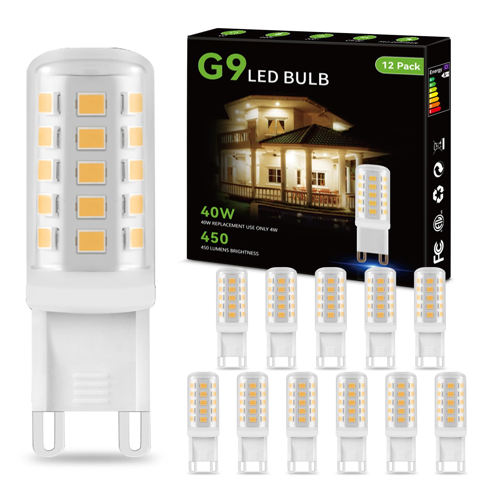 dalattin G9 LED Bulb 12 Pack 4W Equivalent 40 Watt,3000K Soft Warm White,Replacement T4 G9 Halogen Bulbs,450LM, Non-Dimmable, Energy Saving Lights for Chandelier Type G9 T4 Bi-pin Base