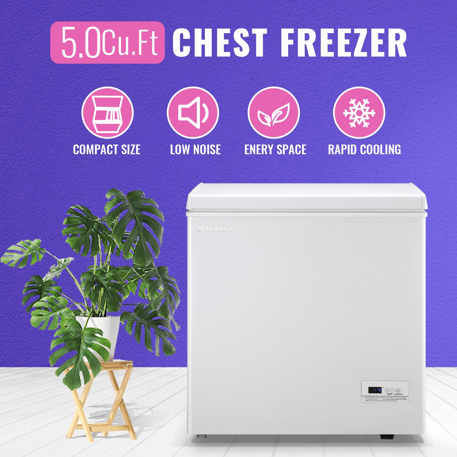 Chest Freezer 5.0Cubic Feet with Intelligent Temperature Control(-15°F to 41°F), Deep Freezer with TWO Hanging Baskets and Side Defrost Water Drain, Top Open Door Freezer White