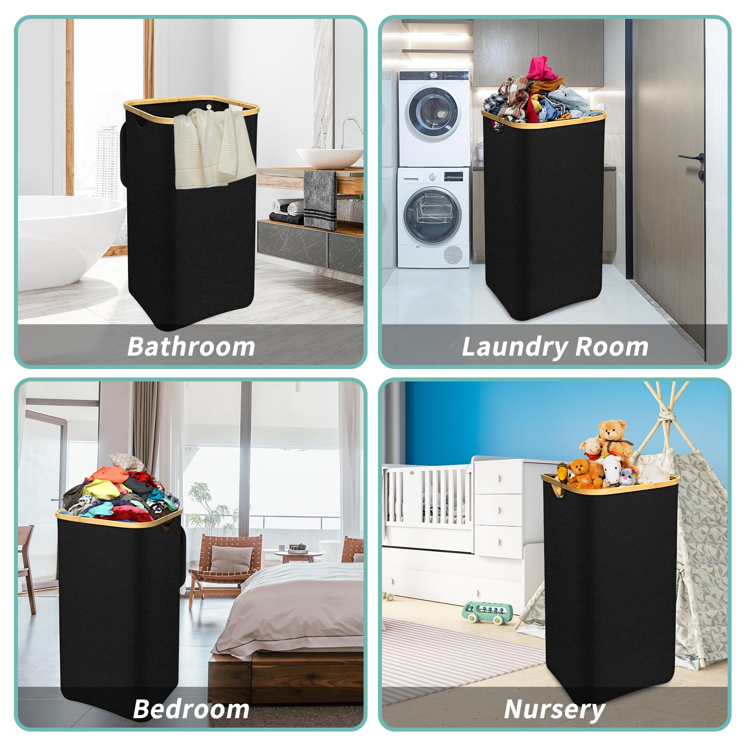 Laundry Hamper with Wheels - Large Laundry Hamper with Wheels and Removable Bag, Foldable Dirty Clothes Hamper with Handles, Waterproof Oxford Bamboo Hamper for Bedroom, Laundry Room, Dorm Room