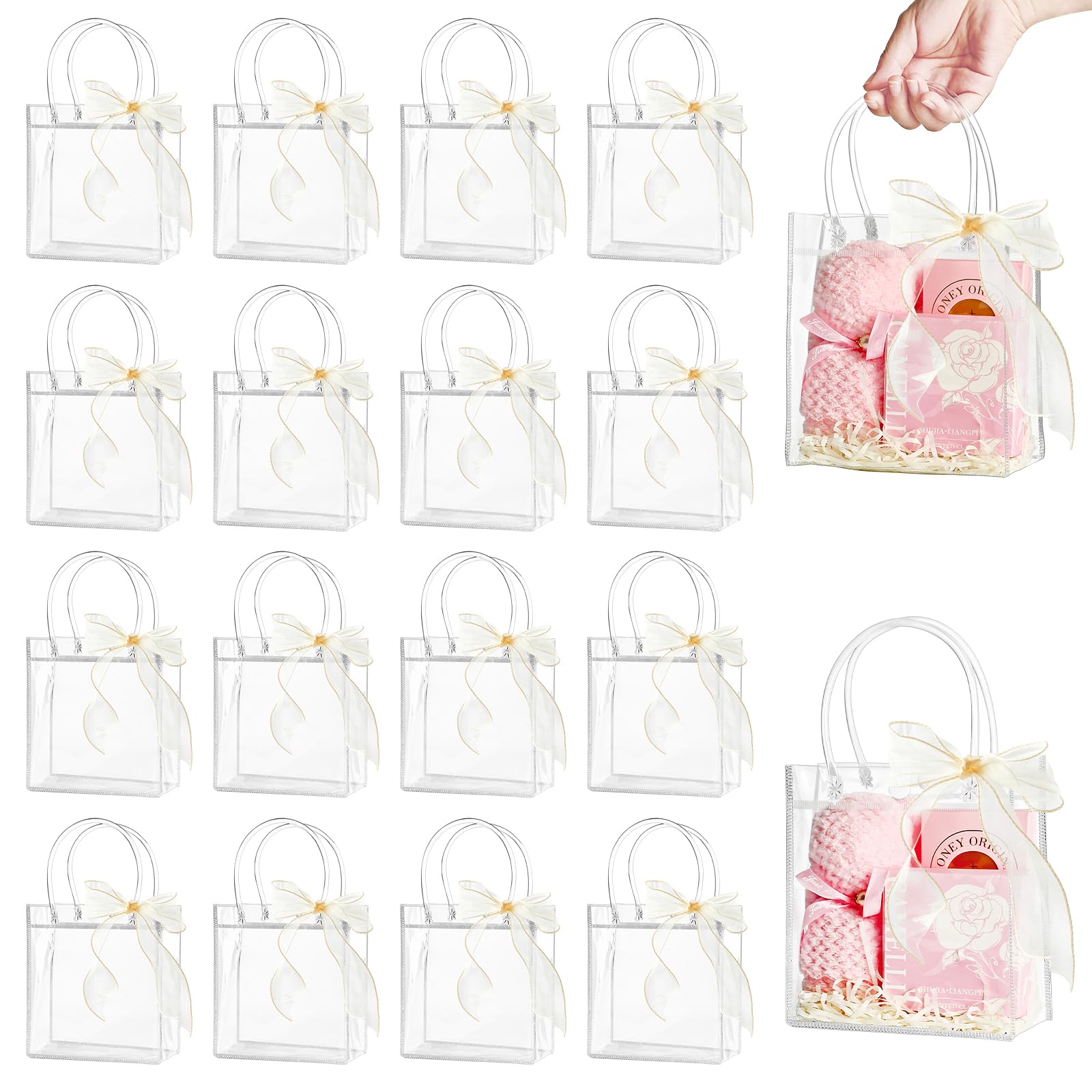 Ohuimrt 30 PCS Clear Plastic Gift Bags with Handles, Reusable Party Favor Bags with Ribbon Transparent Gift Wrap Bags Bulk for Weddings Birthdays, 5.9 x 6.3 x 2.8 Inches