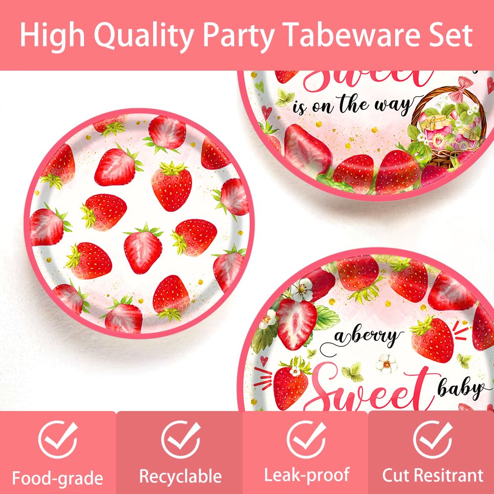 JVORFDG 169pcs Strawberry Baby Shower Deorations Berry Sweet Plates Napkins Cups Tablecloths A Berry Sweet Baby is On The Way Paper Tableware Set Strawberry Party Supplies Serves 24 Guests