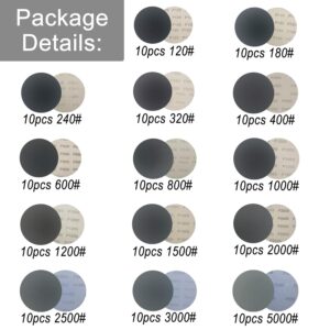 140Pcs 3 Inch Wet Dry Sanding Discs, Assorted 120 to 5000 Grit Silicon Carbide Hook & Loop Sandpaper with 1/4" Shank Sanding Pads and Foam Buffering Pad for Wood Metal Car Polishing & Finishing