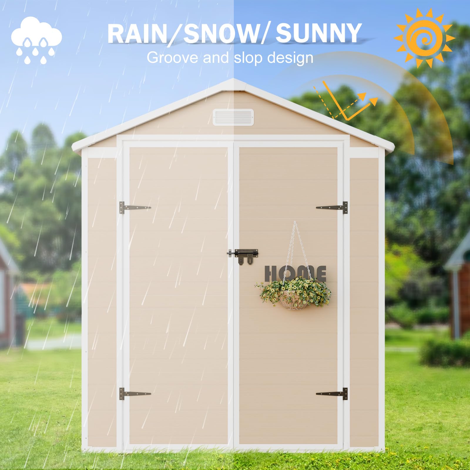 CDCASA 6x3 FT Storage Shed, Waterproof Resin Outdoor Storage Shed with Floor & Window & Double Lockable Doors and 2 Vents, Tool Shed for Bike, Garden, Backyard,Lawn, All Weather Use, Light Brown