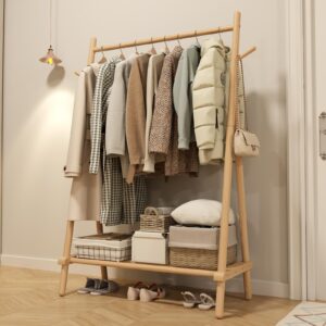 kaslandi solid wood clothes rack, clothing rack with shelf and hook, sturdy and portable, garment rack for hanging clothes,coats,skirts,shoes,bags,easy to assemble (natural)