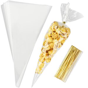 100 pieces cone shaped treat bags, cone shaped cellophane treat bags, 10 x 5 inches triangle treat bags with ties, clear treat bags, plastic treat bags with twist ties for popcorn treats cookies candy