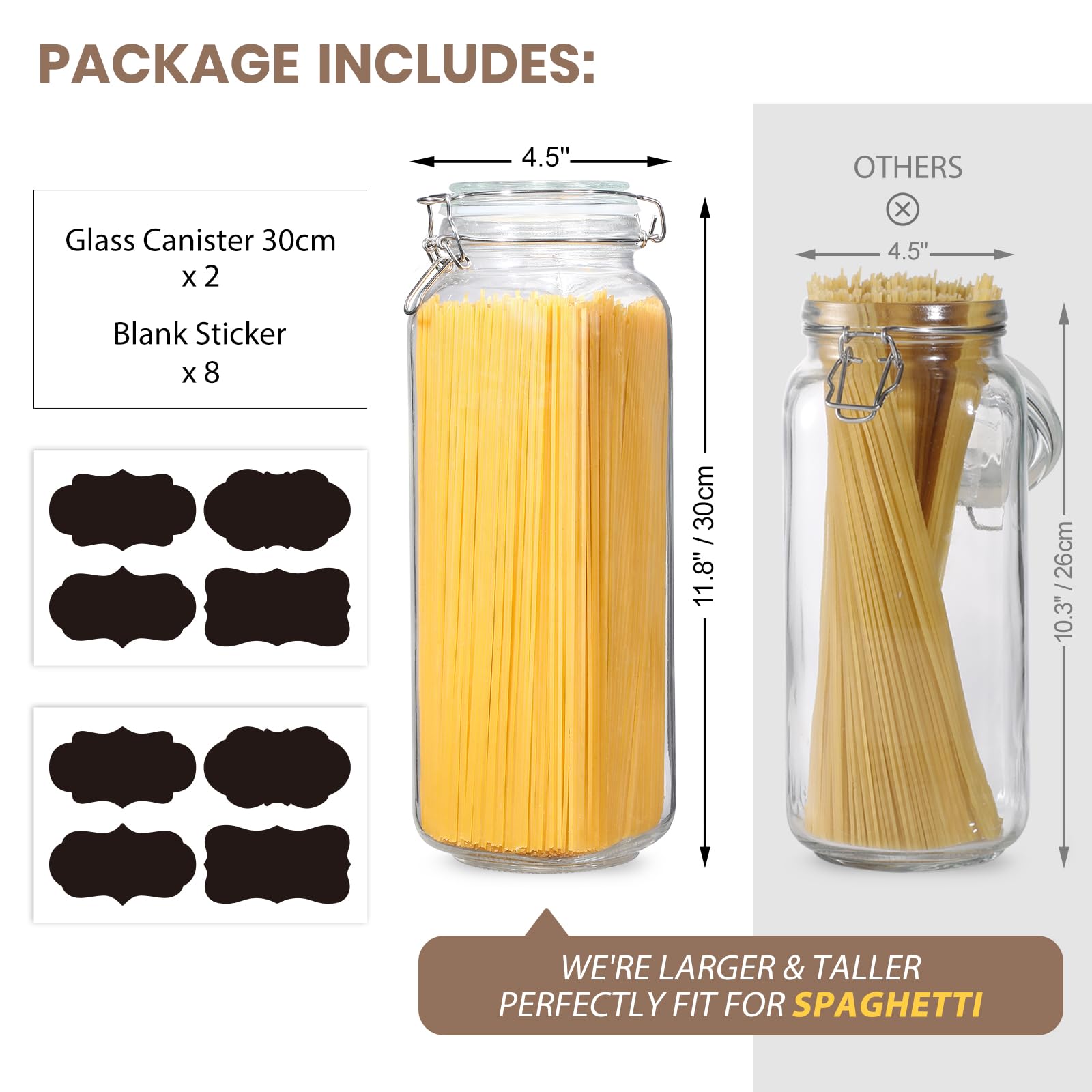 VITEVER [ Taller ] 92oz Glass Jars with Airtight Lid, Large Glass Food Storage Jars, 3 Pack Wide Mouth Airtight Glass Jars for Kitchen Pantry Spaghetti, Square Mason Jars with Labels