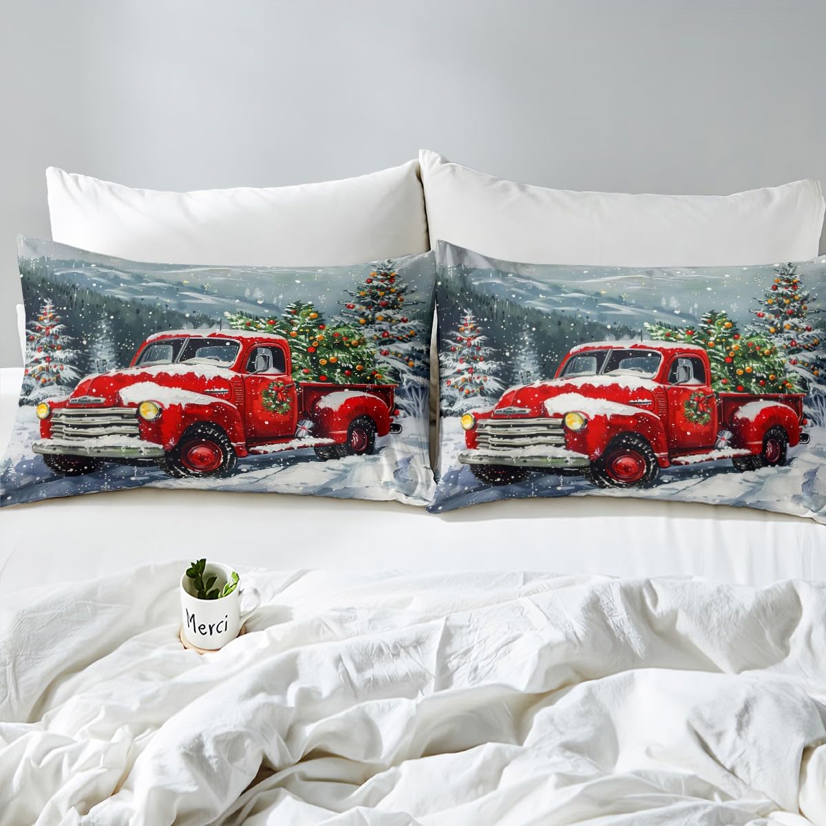 Red Christmas Truck Duvet Cover Set King Size,Winter Snow View Bedding Set for Kids Boys Girls Adults Room Decor,Happy New Year Themed Comforter Cover 3pcs Xmas Pine Quilt Cover,2 Pillowcases