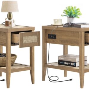 SICOTAS Rattan Nightstands Set of 2 - Boho Night Stand with Type-C Charging Station & Rattan Drawer - Bed Side Table End Table for Bedroom Living Room - Natural Oak