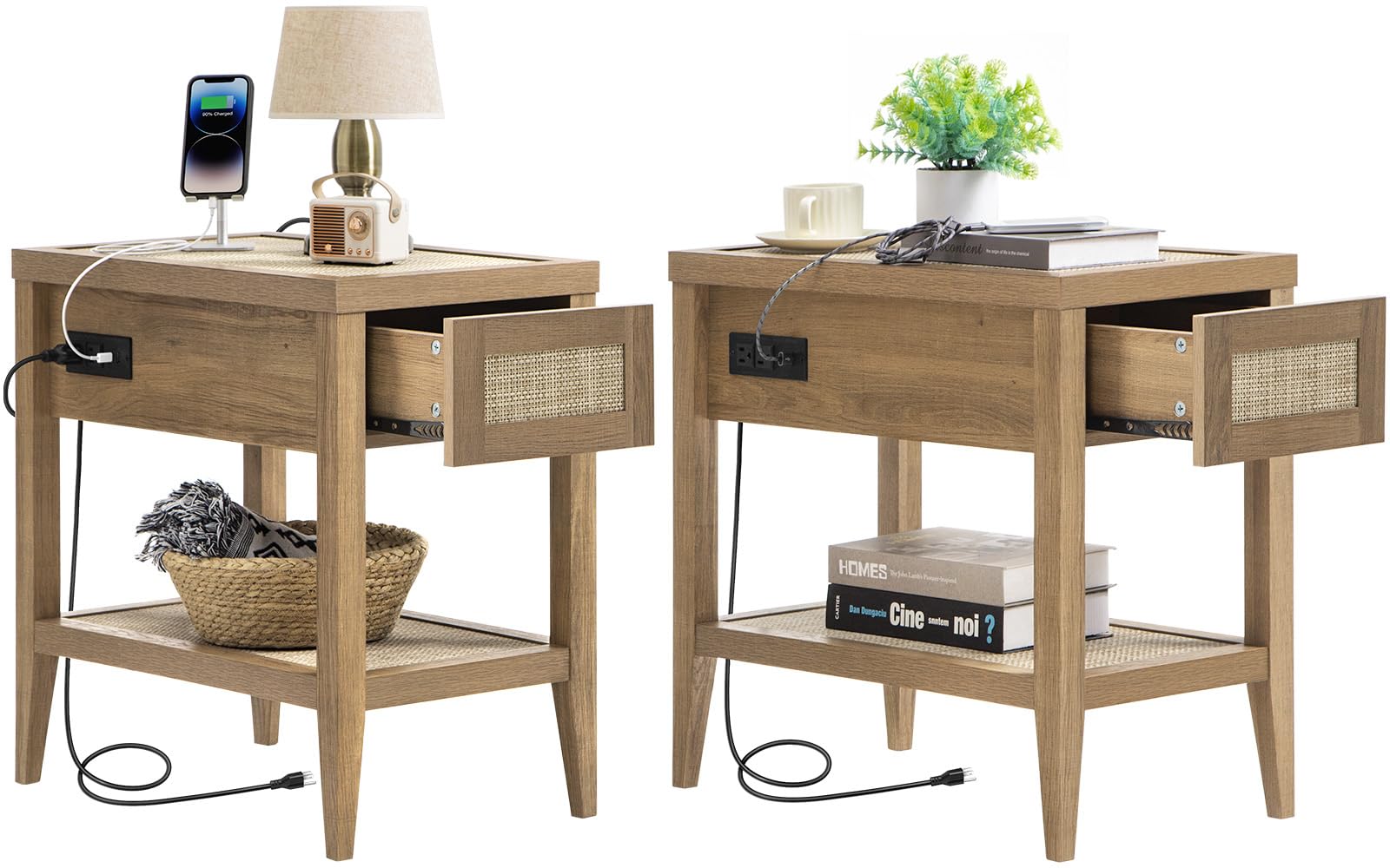 SICOTAS Rattan Nightstands Set of 2 - Boho Night Stand with Type-C Charging Station & Rattan Drawer - Bed Side Table End Table for Bedroom Living Room - Natural Oak