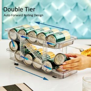 Aoteuk Refrigerator storage containers， Adjustable Width Rolling Soda Can Dispenser Soda Can Storage Rack Beverage Pop Can Holder Drink Organizer for Fridge Pantry Cabinet Countertop (2 Pack, Clear)