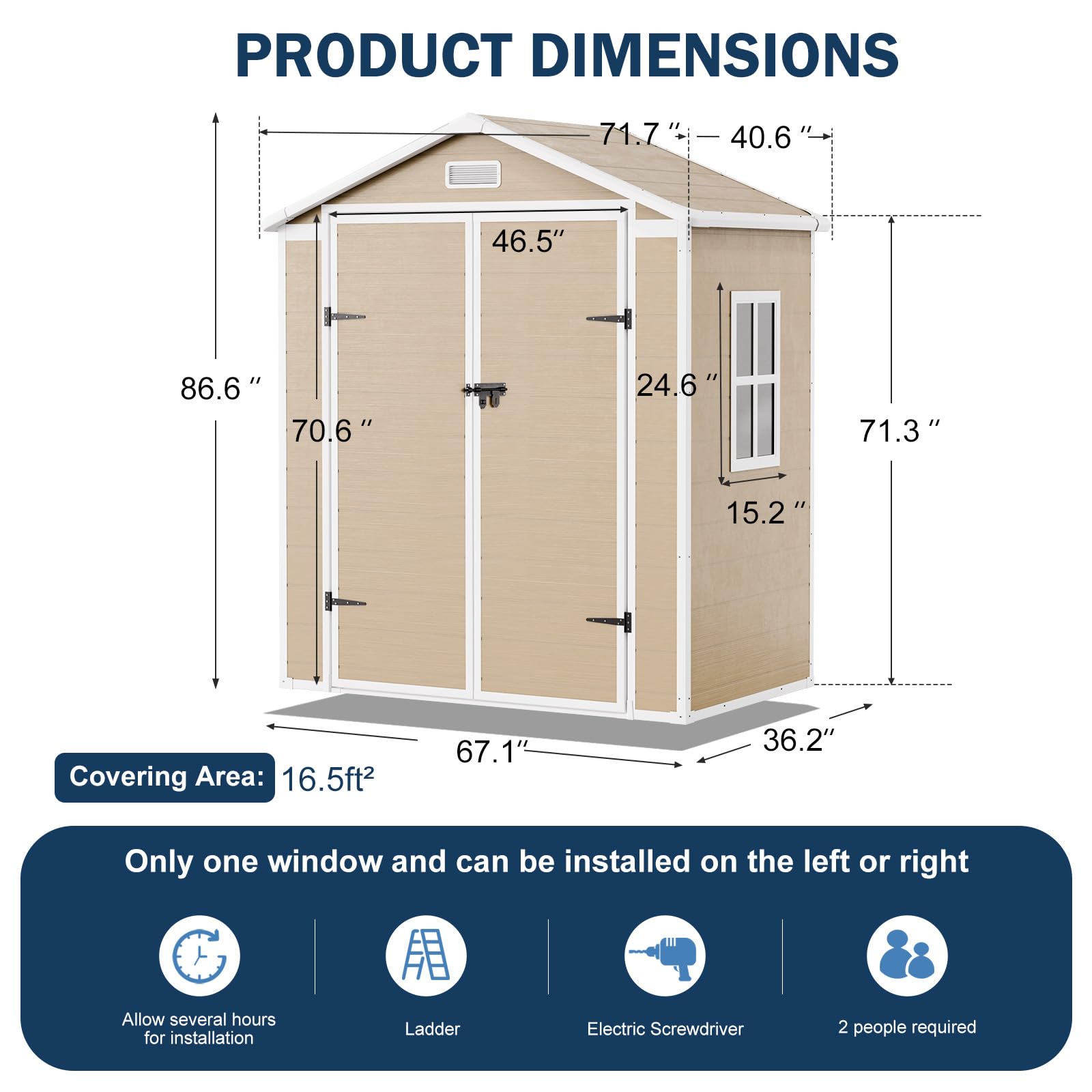 CDCASA 6x3 FT Storage Shed, Waterproof Resin Outdoor Storage Shed with Floor & Window & Double Lockable Doors and 2 Vents, Tool Shed for Bike, Garden, Backyard,Lawn, All Weather Use, Light Brown