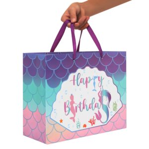 13" Large Purple Gift Bag Set with Greeting Card and Lavender Tissue Papers (Mermaid Design) for Girls' Birthday Party, Women's Birthday Parties, Baby Shower, Baby Girl - 13”x5.2”x10.2”, 1 Pcs.