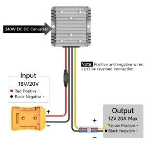 20V to 12V Step Down Converter for DeWalt 20V Power Wheels Battery Adapter, DC 12V 20A 240W Buck Converter Regulator with 30A Fuse & Wire Terminal