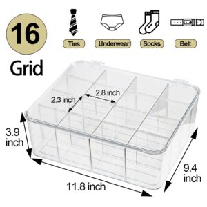 ZEXALOR Socks Underwear Drawer Organzier Dividers, 16 Compartment Removable Divided Plastic Storage Bin with Lid, Storage Organizer for Scarves Ties Bras, Clear Dresser Drawer Organizers