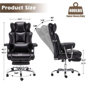 ZZW Executive Office Chair 400LBS Big and Tall Gaming Chair with Foot Rest Leather Office Chair with Armrests High Back Office Chair with Lumbar Support, Black