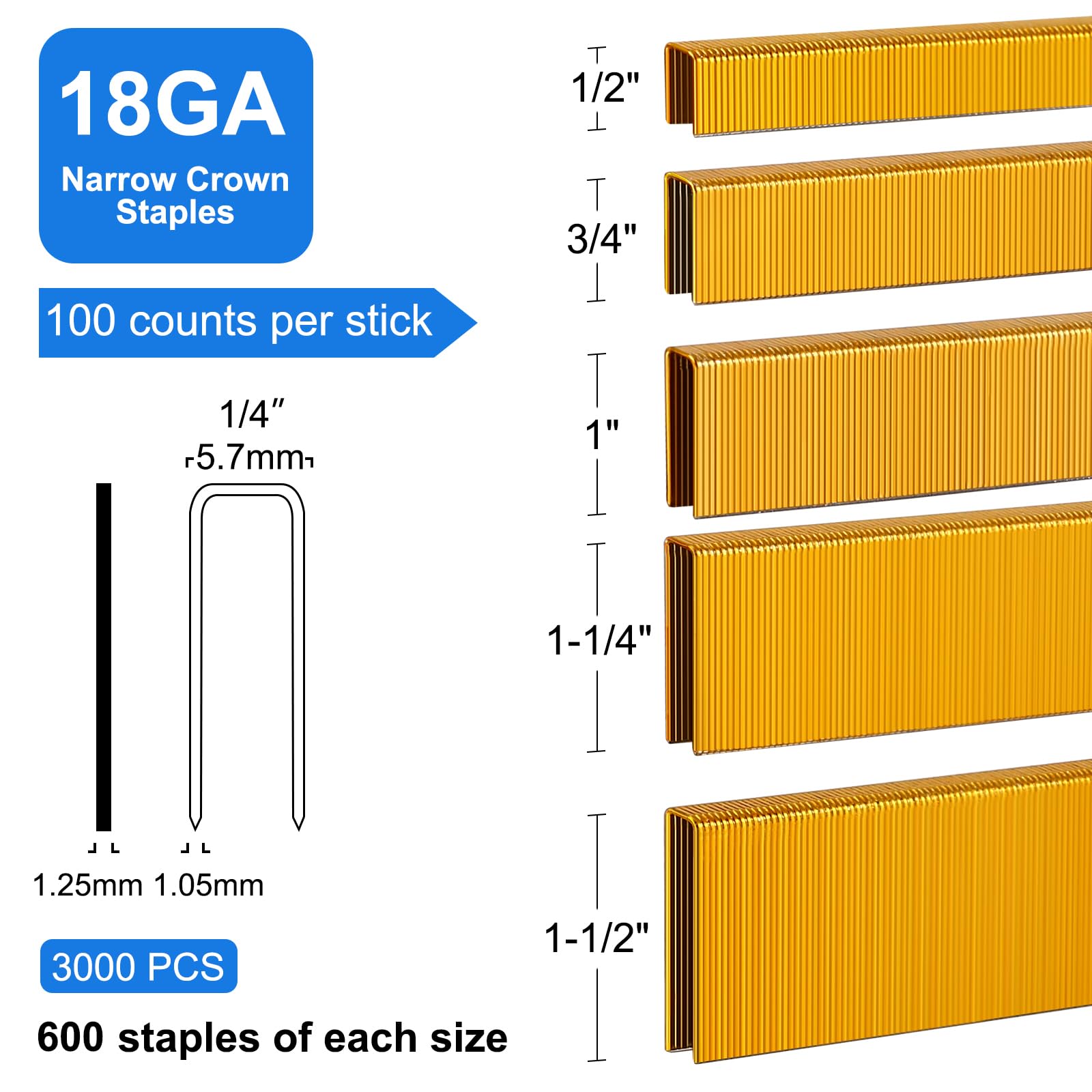 SimCos 18 Gauge 1/4" Narrow Crown Staples (1-1/2",1-1/4" 1", 3/4", 1/2"), Galvanized Assorted Sizes for 18 GA Pneumatic or Electric Stapler or Staple Gun,Project Pack (Assembly 3000)