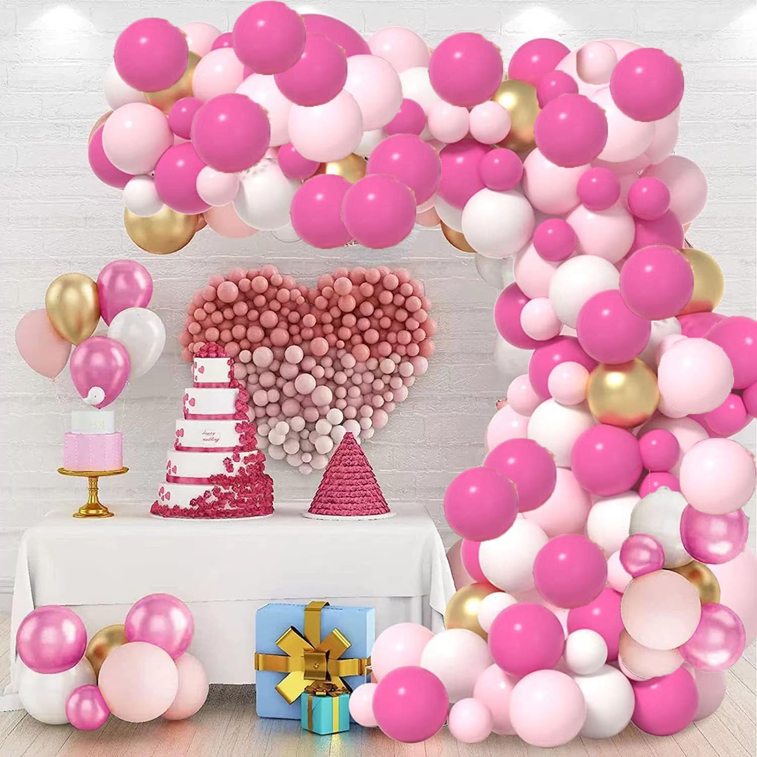 Pink Balloons Arch Kit Garland,103pcs Hot Pink Metallic Gold White Balloons, Pink Balloon Arch for Birthday Wedding Bridal Girl Baby Shower Party Decorations