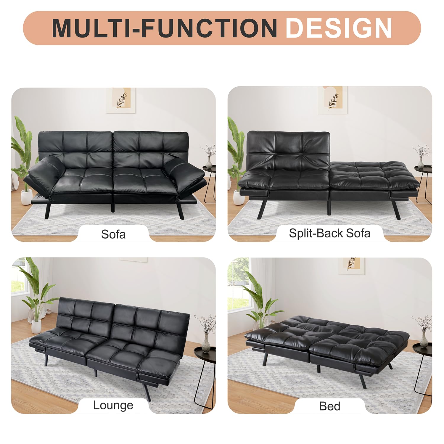 MUUEGM Futon Sofa Bed, Memory Foam Futon, Convertible Futon Couch, Futon Sofa Bed Couch,Modern Loveseat Sofa,Comfy Sleeper Sofa for Compact Space,Apartment, Living Room,Easy Assemble,Black