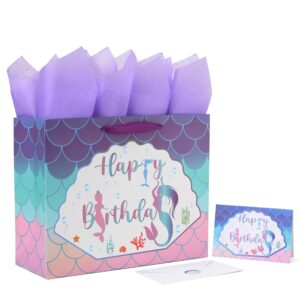 13" large purple gift bag set with greeting card and lavender tissue papers (mermaid design) for girls' birthday party, women's birthday parties, baby shower, baby girl - 13”x5.2”x10.2”, 1 pcs.