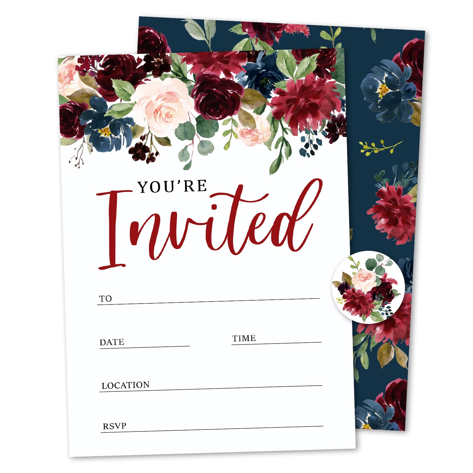 Whaline 25 Sets Flower Invitations with Envelopes Stickers Watercolor Floral Leaves Invitation Cards Blank Invites for Wedding Bridal Baby Shower Birthday Dinner Party, 5 x 7 Inch