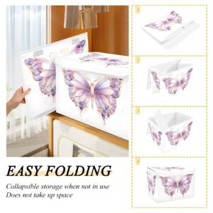 DALAWU Containers Baskets with Lids Purple Butterfly Fabric Foldable Storage Bins Organizer with Lid Collapsible Storage Boxes for Home Bedroom Closet Office