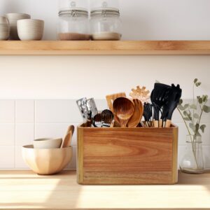 Wooden Kitchen Utensil Holder Organizer for Counter or Countertop, Large Wooden Utensil Holder for Storage Cooking and Silverware with 3 Compartment, Acacia Rustic Wood Container Extra Large