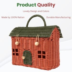 KOLWOVEN Rattan House Storage Basket with Lid - Mouse in a Box House- Small Doll house- Decorative Hand Woven Shelf Organizer Cute Handmade Handcrafted Gift Decoration Artwork Wicker (Moss green)