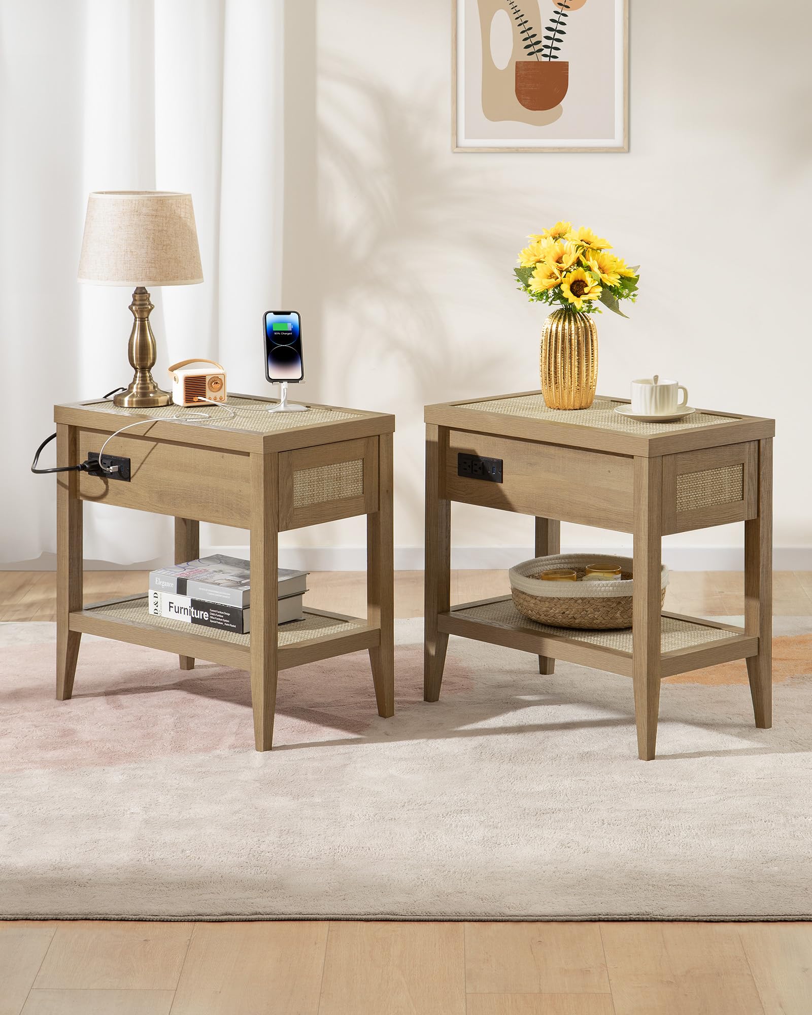 SICOTAS Rattan Nightstands Set of 2 - Boho Night Stand with Type-C Charging Station & Rattan Drawer - Bed Side Table End Table for Bedroom Living Room - Natural Oak