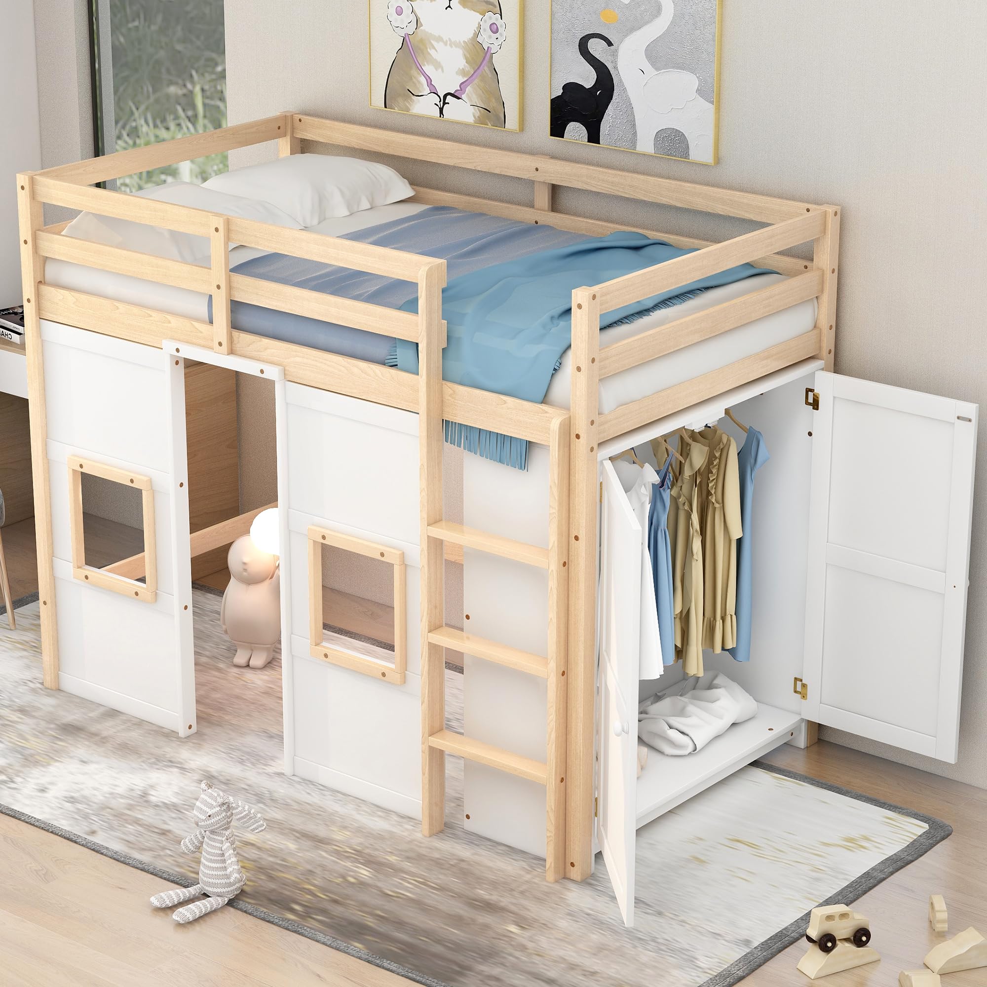 BestLM Wood Twin Size Loft Bed with Built-in Storage Wardrobe, Ladder, 2 Windows, and Full-Length Guardrails for Kids, Teens, Boys, Girls, Wooden Slats Support, No Box Spring Needed, Natural/White