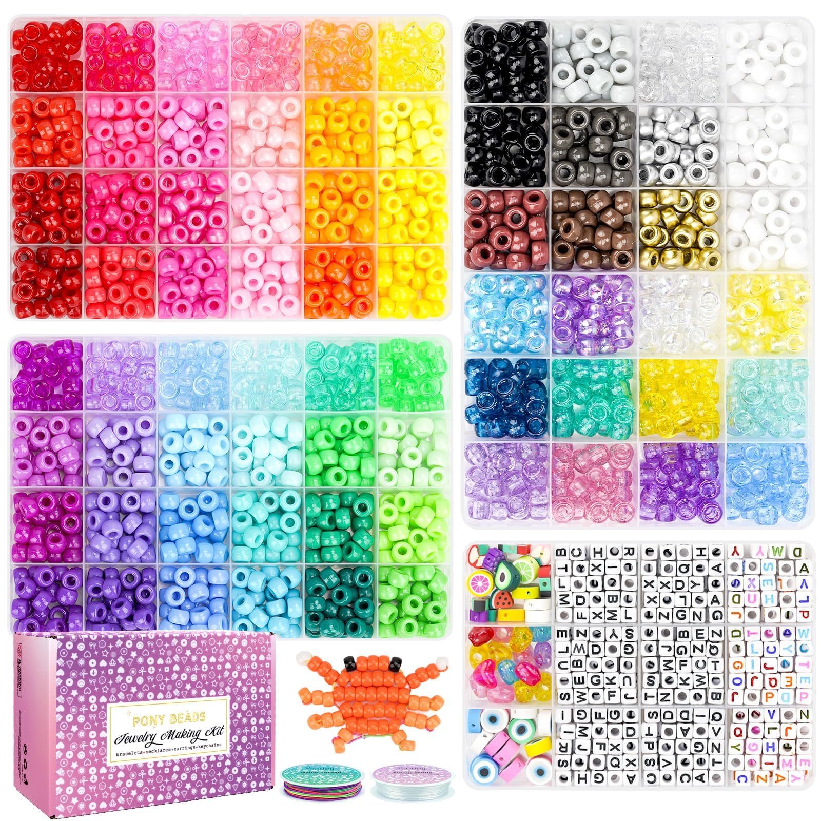 Paodey 2400pcs Pony Beads 72 Colors 9mm Friendship Bracelets Making Kit, Rainbow Kandi Beads Bulk Letter Beads for Name Bracelets Jewelry Making Crafts with Elastic String